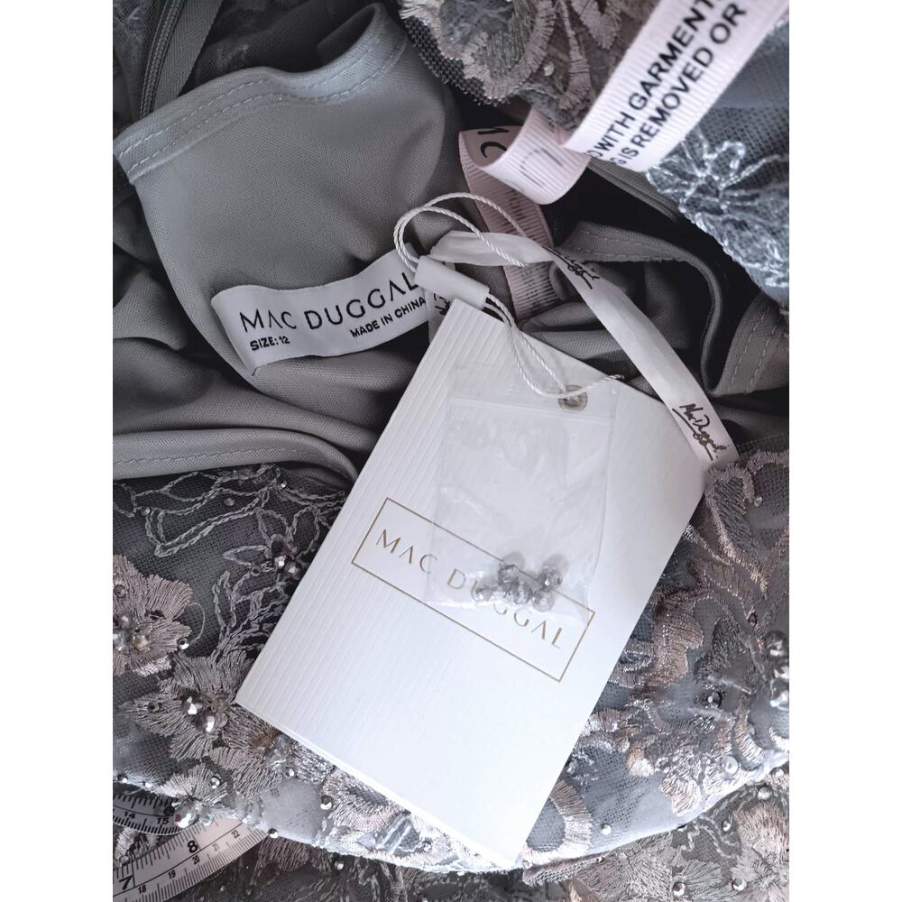 MAC DUGGAL Dress NEW 12 Silver Gray Beaded Tulle Midi Tea‎ Puff Sleeve Event - Picture 3 of 10